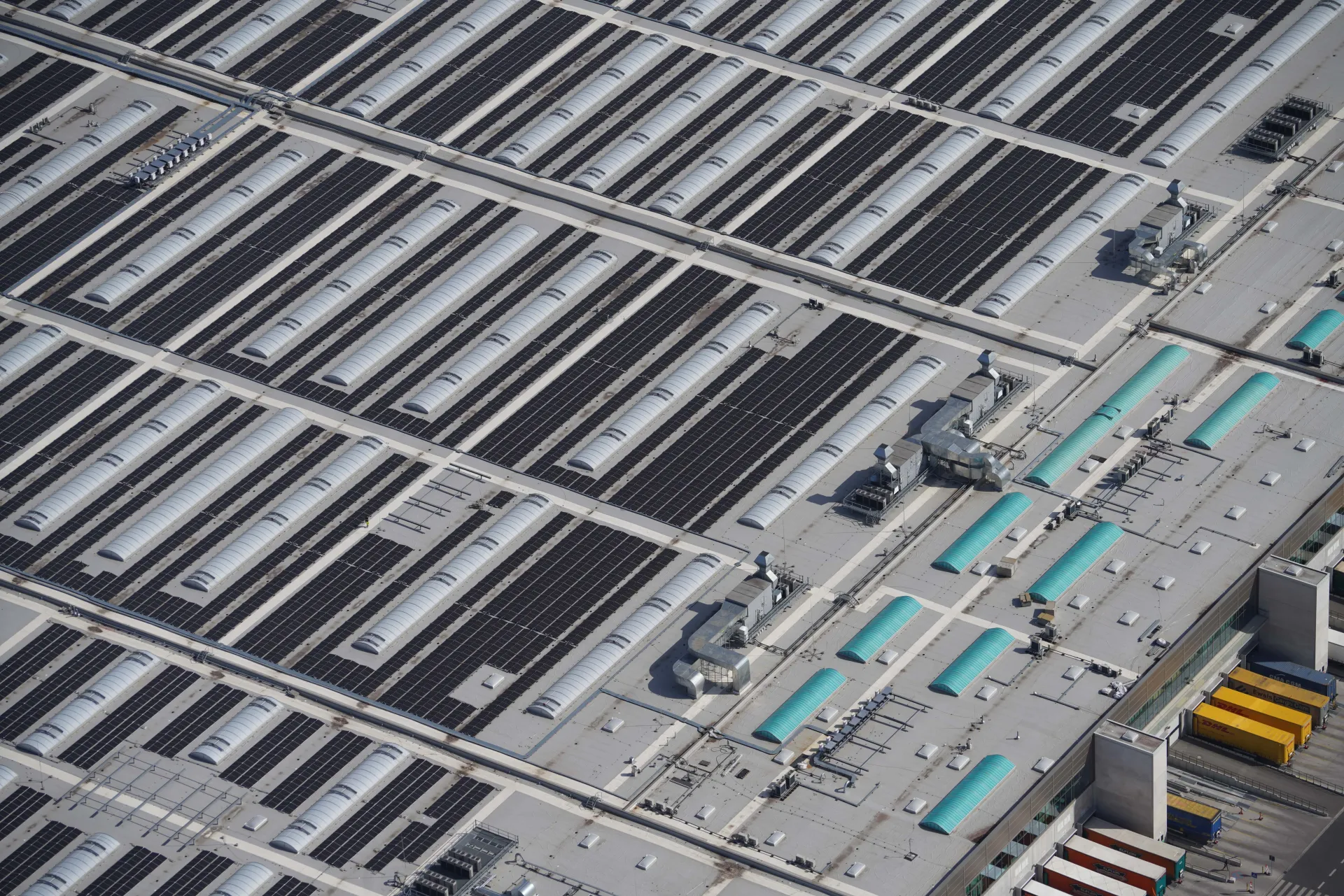 Solar panels on industrial rooftop